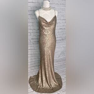 Christina Wu Spaghetti strap front cowl neck sequin gown new size 10